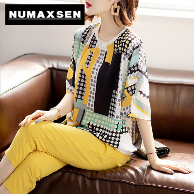 纽曼森（Numaxsen）套装女妈妈夏装洋气雪纺小衫2021新款中年短袖上衣中老年时尚两件