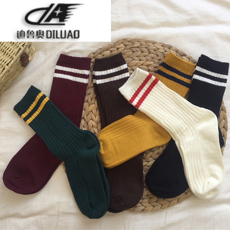 春秋韩版条纹中筒袜百搭学院风运动袜日系学生袜子女士棒球袜棉袜满30元联系客服改运费