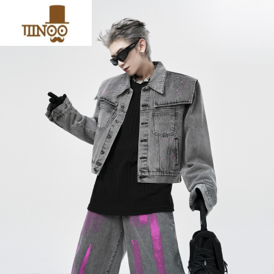 YANXU假设计感牛仔外套男 美式高街废土风复古短款泼墨灰色夹克潮