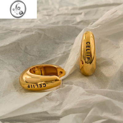 JiMiCE法式水滴金属圆圈耳环女小众设计感高级冷淡风金色字母耳扣耳饰