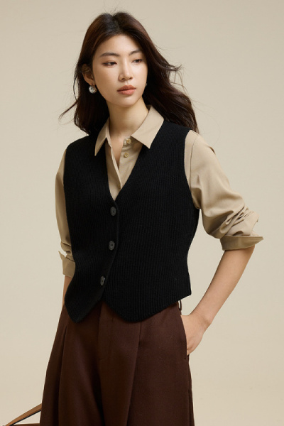 简约100羊毛针织马甲女装25春季新款外穿V领背心小个子百搭小坎肩