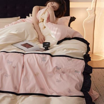 新款少女风60支长绒棉刺绣款四件套黑色花边被套柔软床单床上用品