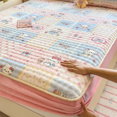 ins卡通牛奶绒床笠单品床垫保护套单件冬季绒加厚防滑床罩三件套