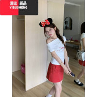 YIBUSHENG甜辣妹字母印花短袖T恤女装季设计感修身短款露肩上衣