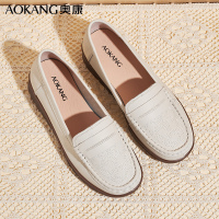 奥康女鞋春秋季豆豆鞋浅口坡跟单鞋中年妈妈鞋牛皮透气乐福鞋