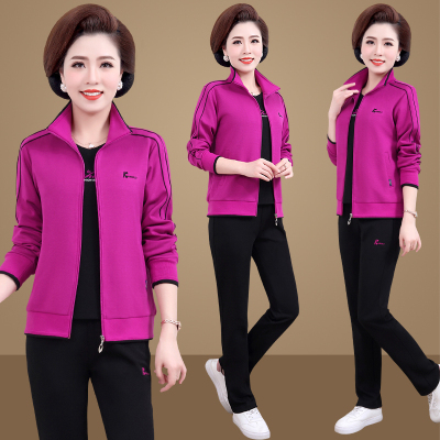 品牌中老年女装运动套装女春秋外套2020新款休闲妈妈装运动服中年宽松大码晨练跑步锻炼上衣妈妈母亲春秋装卫衣三件套