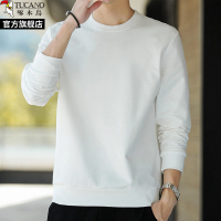 啄木鸟2025新款春秋季白色圆领厚棉T男长袖上衣服无帽套头宽松外套