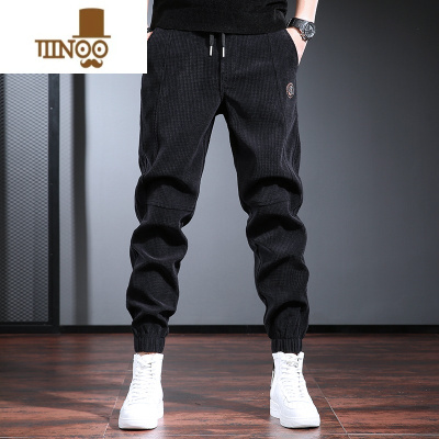 YANXU春季男士休闲裤青年潮流锥形裤宽松大码黑色灯芯绒裤子男通勤百搭
