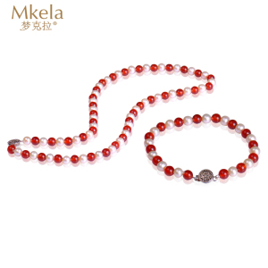梦克拉 Mkela 926银珍珠玛瑙套装项链手链 伊人淡水珍珠 近圆 送客户 玉髓链子手串圆珠红玛瑙套链 首饰套装 珍珠 手链+项链