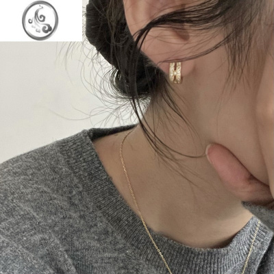 JiMi s925银银ins日韩简约轻奢金色镶钻H宽面字母耳扣银耳钉耳圈