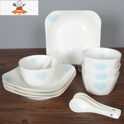 碗碟套装家用陶瓷餐具碗盘碗筷盘子碗韩式简约创意菜盘子吃米饭碗 敬平 四方蓝心(12件套)