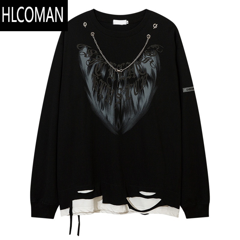 HLCOMAN欧美潮牌嘻哈涂鸦破洞假长袖T恤男宽松百搭休闲叠穿卫衣