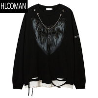 HLCOMAN欧美潮牌嘻哈涂鸦破洞假长袖T恤男宽松百搭休闲叠穿卫衣