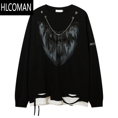 HLCOMAN欧美潮牌嘻哈涂鸦破洞假长袖T恤男宽松百搭休闲叠穿卫衣