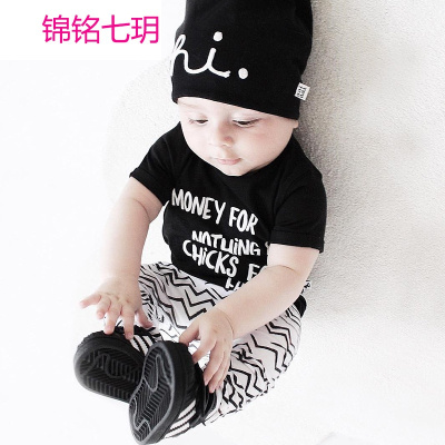 锦铭七玥18新款欧美风格婴儿套装 外贸货英文字母短T+波浪大PP长裤两件套