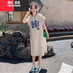 YIBUSHENG大码女装t恤连衣裙小个子衣服季胖mm宽松遮肚子显瘦长款裙