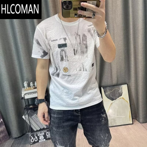 HLCOMAN夏季薄款男士棉麻透气短袖男t恤2025年夏季高端潮流印花圆领上衣