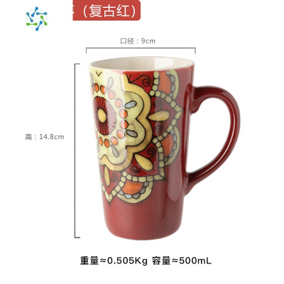 马克杯大容量陶瓷杯子带盖勺复古风手绘咖啡杯女办公室家用喝水杯三维工匠