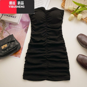 YIBUSHENG性感皱褶带胸垫抹胸背心女2023年季韩版遮肉收腰A字黑色连衣裙