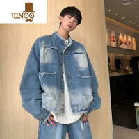 YANXU设计感小众毛边牛仔外套男秋季复古高街潮牌水洗宽松立领休闲夹克