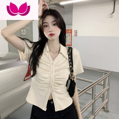 七斓大码领正肩短袖T恤女夏季设计感小众胖MM不规则收腰显瘦上衣