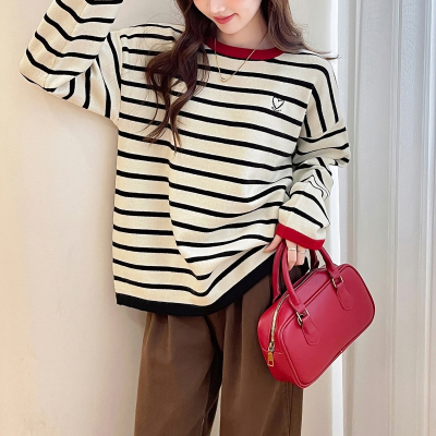 [3件8.5折118.9元,叠加优惠券]唐狮新款秋冬毛衣女撞色条纹设计圆领套头慵懒高级感毛线衫qd