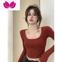 七斓辣妹U领T恤性感露脐修身弹力打底衫女春内搭纯色长袖短款上衣