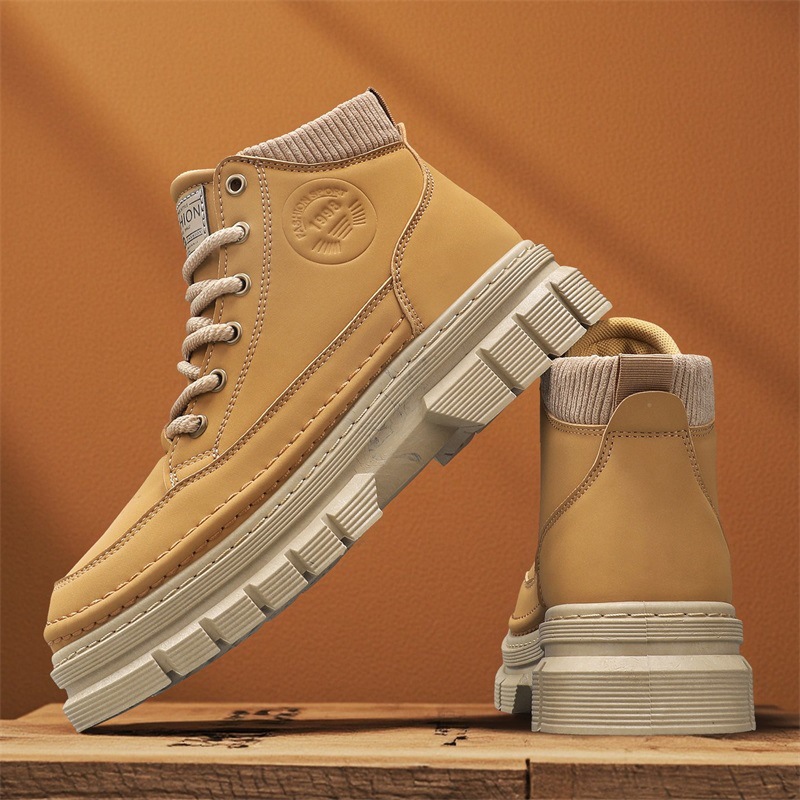 男鞋秋季新款皮面高帮圆头马丁靴时尚英伦风休闲百搭工装运动男靴