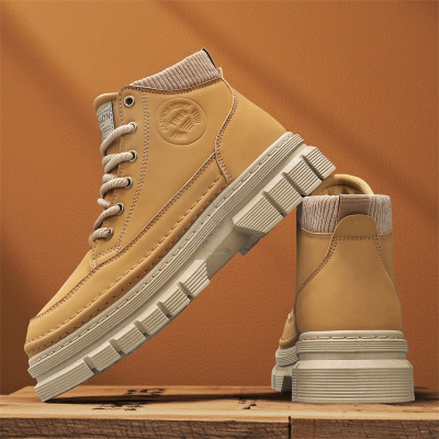 男鞋秋季新款皮面高帮圆头马丁靴时尚英伦风休闲百搭工装运动男靴