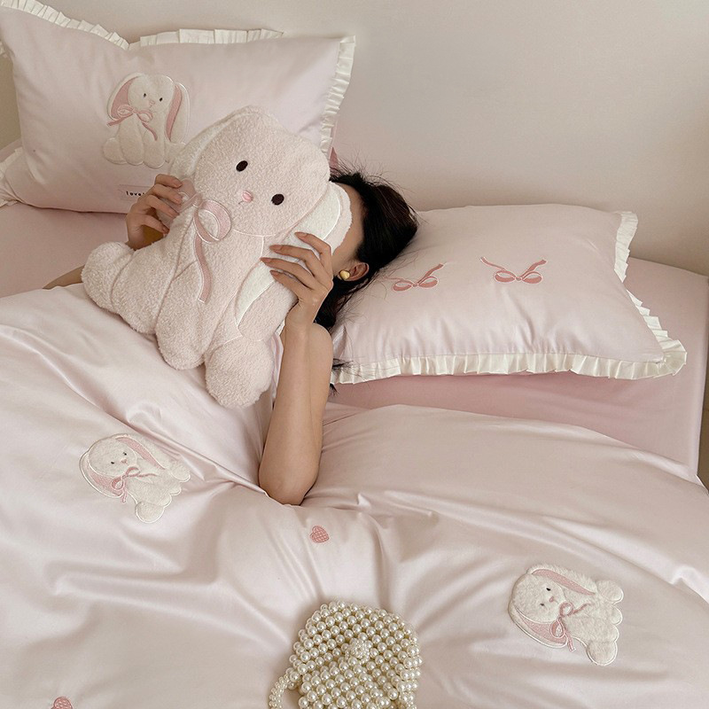 粉色可爱贴布绣100S全棉四件套100长绒棉纯棉三件套儿童被套床单