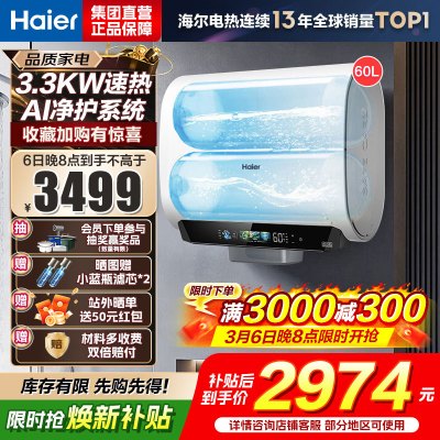 海尔(Haier)麦浪套系电热水器 国家补贴15%双胆扁桶60升BK5PLUS富锶小蓝瓶无镁棒3300W速热一级能效