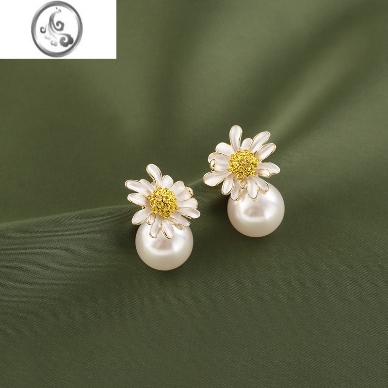 JiMi小雏菊人造珍珠耳钉女小众设计感精致百搭2023年新款洋气花朵耳饰