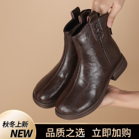 马丁靴女秋冬新款欧美风圆头厚底短靴简约休闲后拉链皮靴棉靴