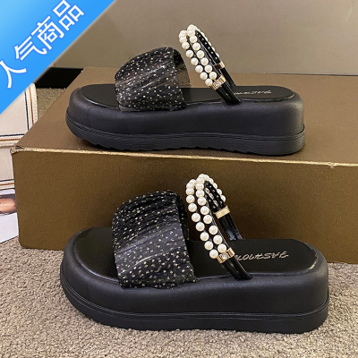 SUNTEK一鞋两穿甜美厚底松糕凉拖鞋女2023夏季新款温柔网纱透气珍珠凉鞋