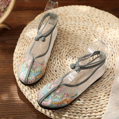 述雅夏季网纱透气古风汉服鞋子女凉鞋平底软底老北京布鞋民族风绣花鞋