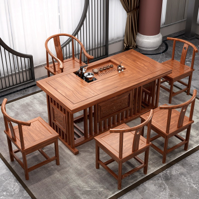 易企采 中式茶桌椅组合实木南榆木功夫茶几茶艺桌小茶台茶道桌子泡喝茶桌茶台花梨色1.5米茶桌+1圈椅4月牙椅