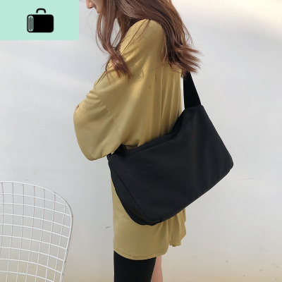 2020新款帆布包女学生休闲纯色简约大容量ulzzang宽带单肩斜挎包NEW LAKE 黑色防水面料女斜挎包