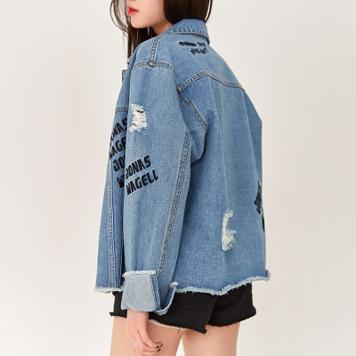 琼斯维格牛仔外套女2018春装新款宽松学生韩版bf刺绣港风破洞乞丐酷潮
