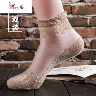 。日系薄款蕾丝花边袜子女丝袜短袜棉底丝袜韩国水晶袜中筒玻璃丝FISHBASKET袜子