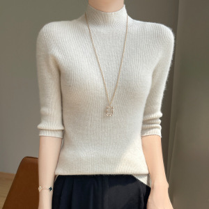 半高领五分袖打底衫女修身内搭紧身纯色针织衫春秋季毛衣中袖上衣