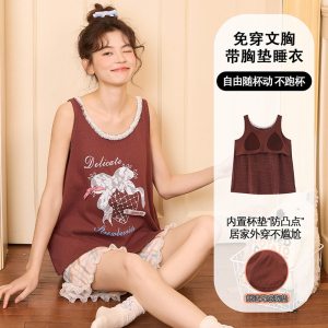 睡衣女夏季带胸垫一体无袖背心棉质短裤甜美大码网红款家居服