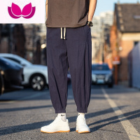 七斓日系复古裤子男薄款亚棉麻八分裤潮牌痞帅大码束脚锥形哈伦萝卜裤