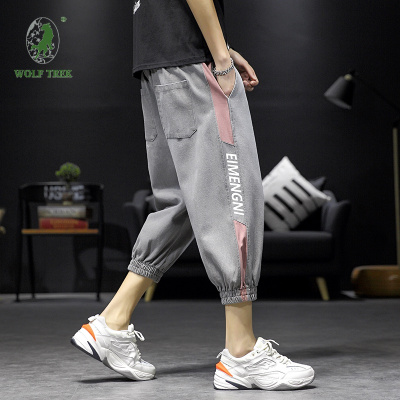 七匹狼国际公司授权WOLFTREK-男装2021夏装新款休闲印花拼接弹力牛仔束脚七分裤男B221-