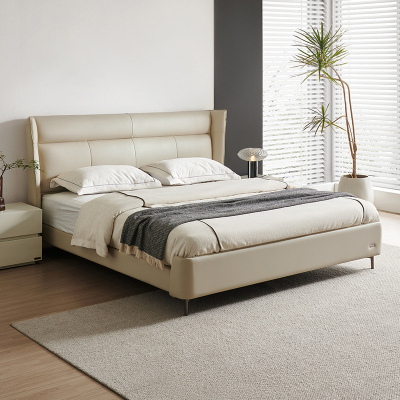 全友家居意式极简皮床卧室家具进口牛皮折耳床屏真皮双人床