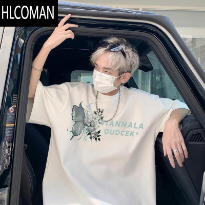 HLCOMAN港风蝴蝶印花短袖T恤男夏季潮流潮牌宽松体恤学生上衣服