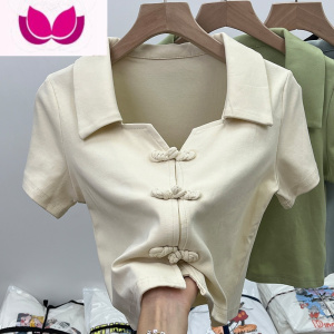 七斓纯欲独特别致甜辣妹短款polo衫方领新中式上衣设计感短袖t恤女夏