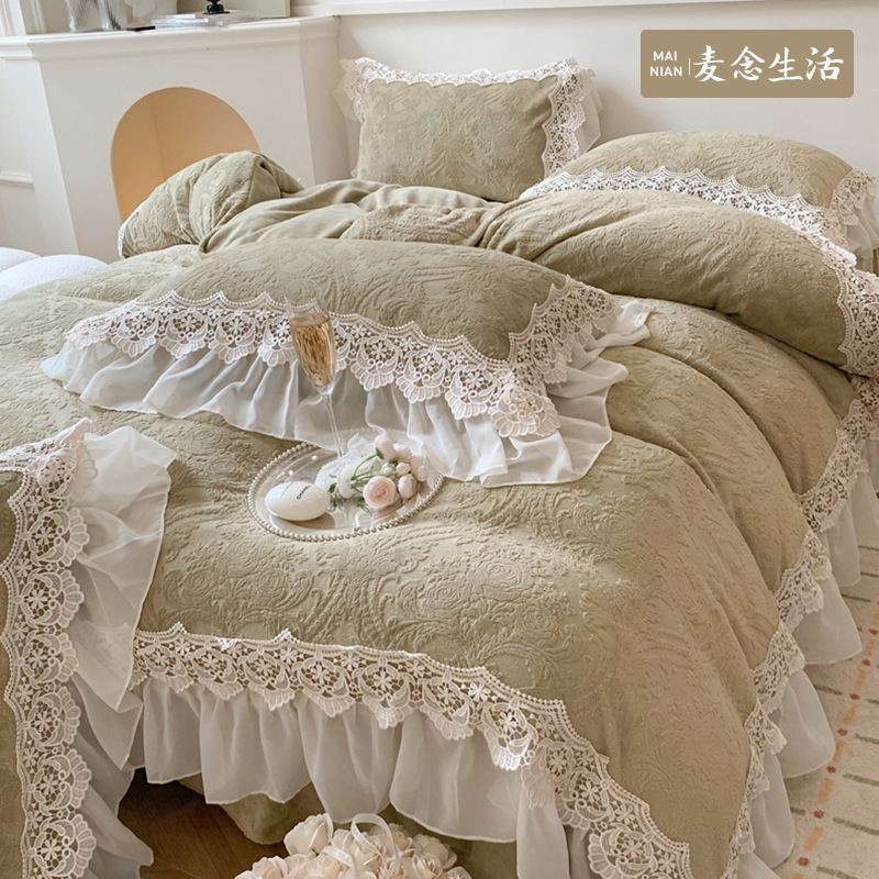 法式仙女牛奶绒四件套公主风蕾丝被套珊瑚绒白色感床裙款冬季