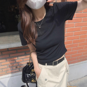 含棉 修身正肩短袖T恤女夏季新款短款紧身高腰美式辣妹上衣潮