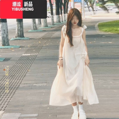 YIBUSHENG2024新款季小个子法式白色吊带连衣裙女海边度假沙滩长裙子仙