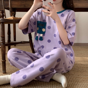 睡衣女士棉质夏季韩版短袖长裤可爱卡通休闲家居服套装宽松可外穿